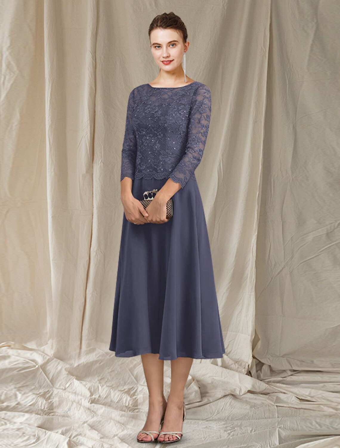 wholesale   A-Line Mother of the Bride Dress Elegant Jewel Neck Tea Length Chiffon Lace 3/4 Length Sleeve with Sequin