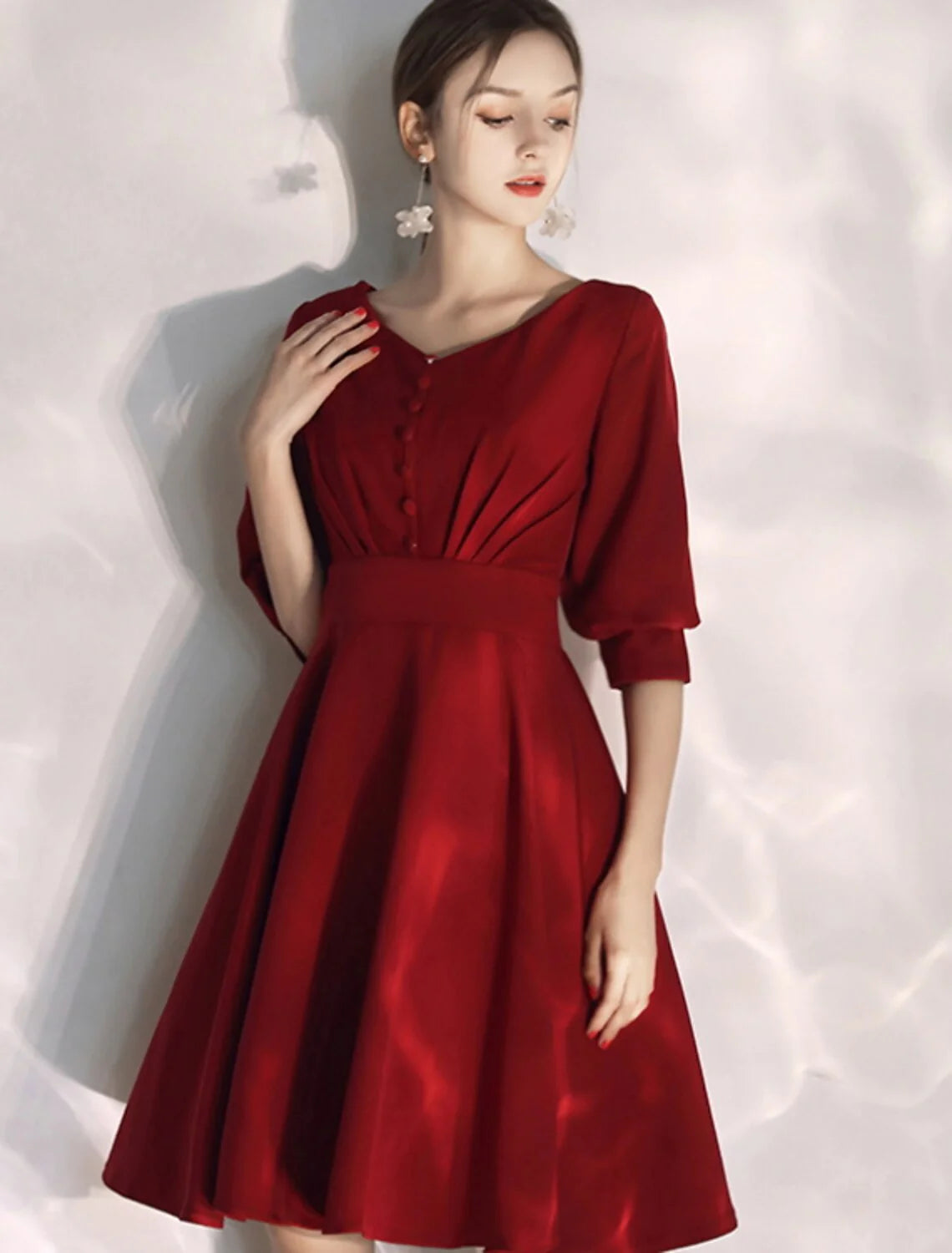 Wholesa Reception Little White Dresses Wedding Dresses A-Line V Neck Half Sleeve Knee Length Stretch Fabric Bridal Gowns With