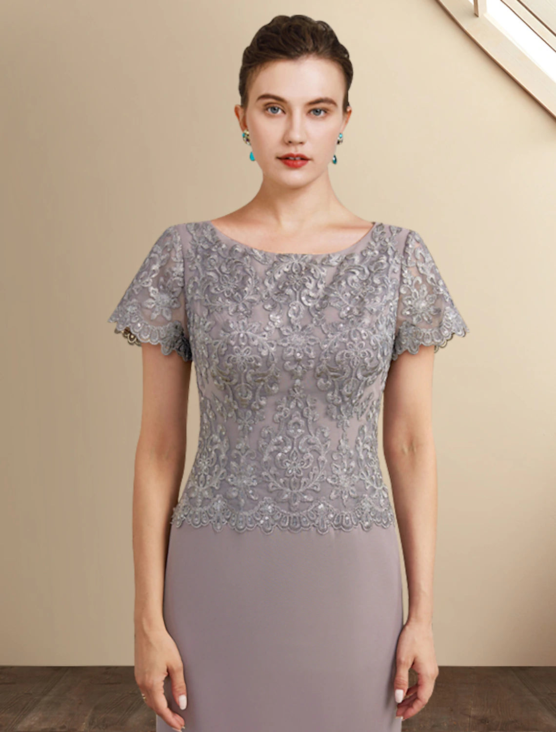wholesale  Sheath / Column Mother of the Bride Dress Elegant Jewel Neck Ankle Length Chiffon Lace Short Sleeve with Appliques