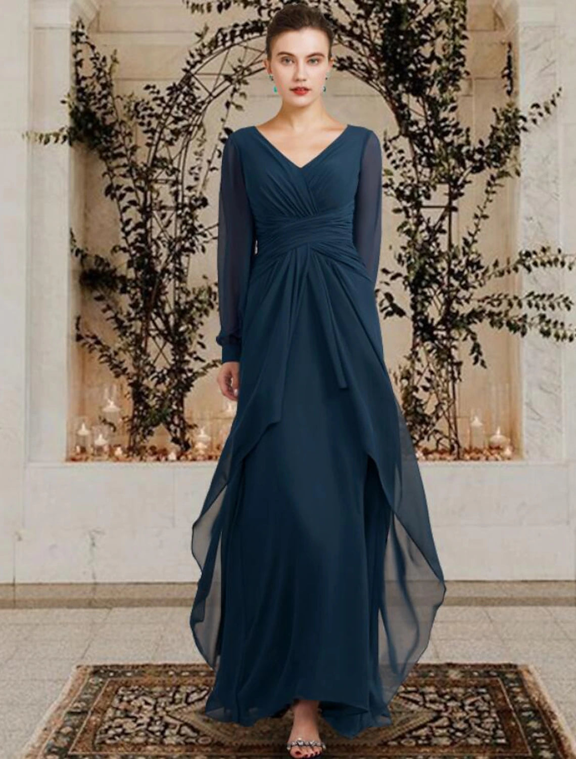 wholesale  A-Line Mother of the Bride Dress Wedding Guest Plus Size Elegant V Neck Floor Length Chiffon Long Sleeve with Ruched Ruffles Side-Draped Fall