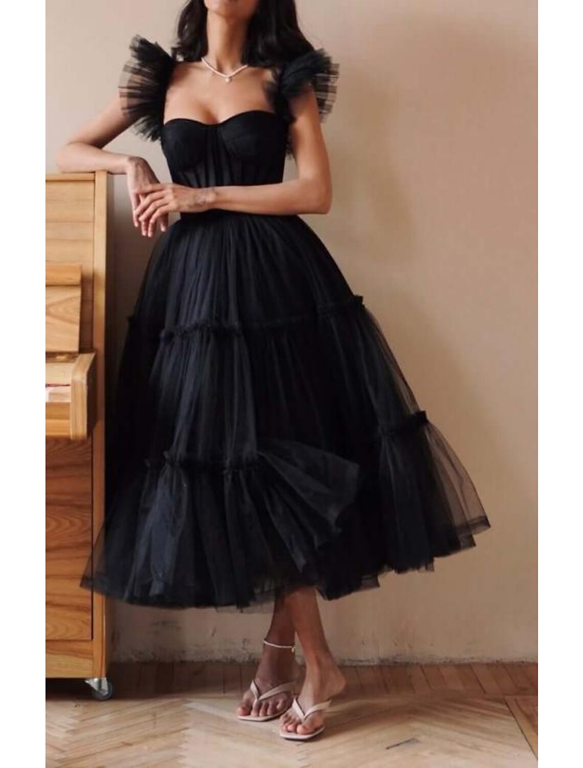 wholesale A-Line Prom Black Dress Vintage Dress Masquerade Ankle Length Sleeveless Sweetheart Wednesday Addams Family Tulle Crisscross Back with Pleats Ruffles