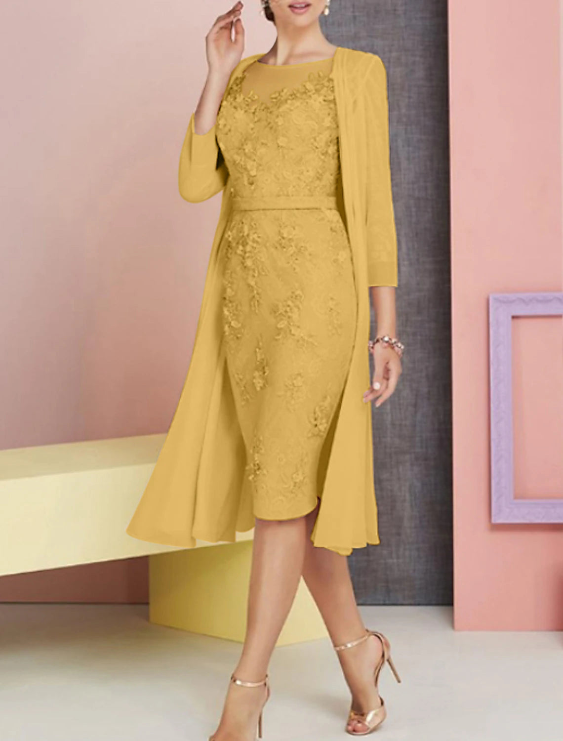 Wholesa Two Piece Sheath / Column Mother of the Bride Dress Wedding Guest Church Elegant Vintage Plus Size Bateau Neck Knee Length Chiffon Lace 3/4 Length Sleeve Jacket Dresses with Appliques