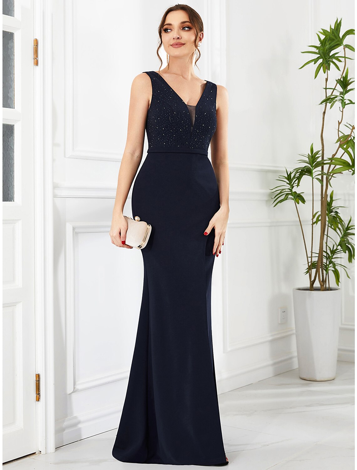 wholesale  Mermaid / Trumpet Evening Gown Glittering Dress Prom Wedding Party Floor Length Sleeveless V Neck Polyester with Belt