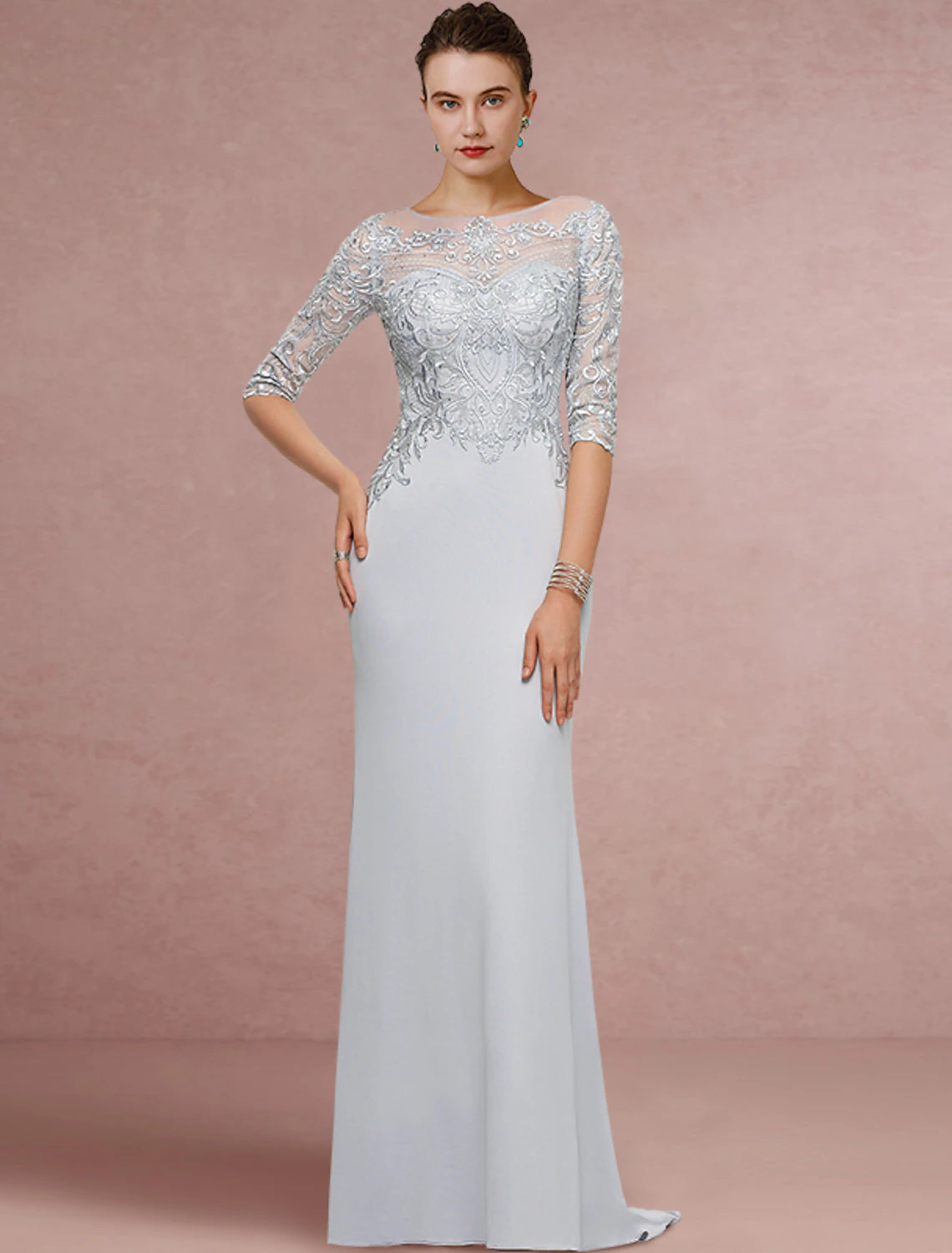 wholesale  Sheath / Column Mother of the Bride Dress Wedding Guest Vintage Elegant Scoop Neck Sweep / Brush Train Chiffon Lace Half Sleeve with Sequin