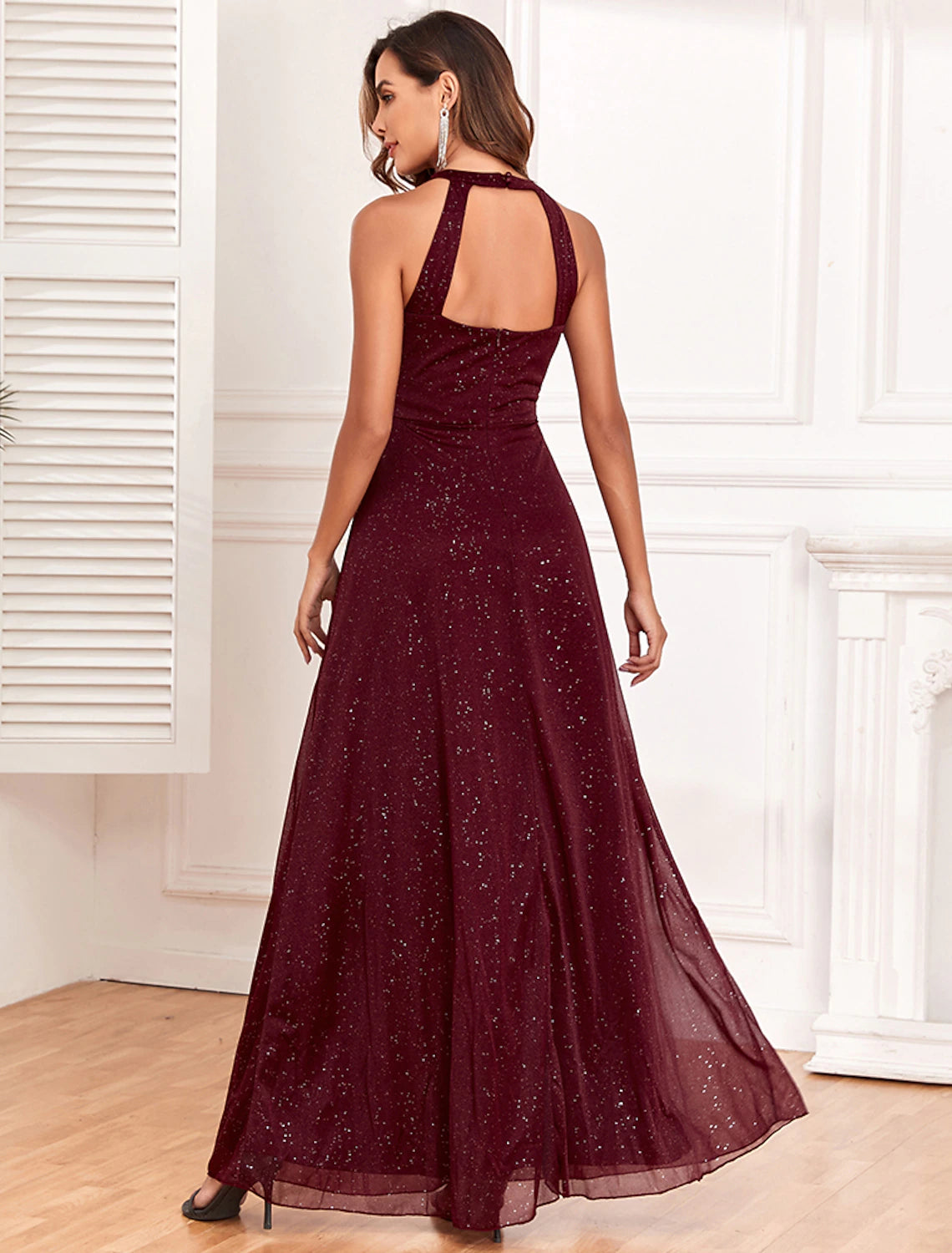 Wholesa A-Line Evening Gown Empire Dress Evening Party Dress Wedding Reception Floor Length Sleeveless Halter Neck Polyester Backless V Back with Glitter