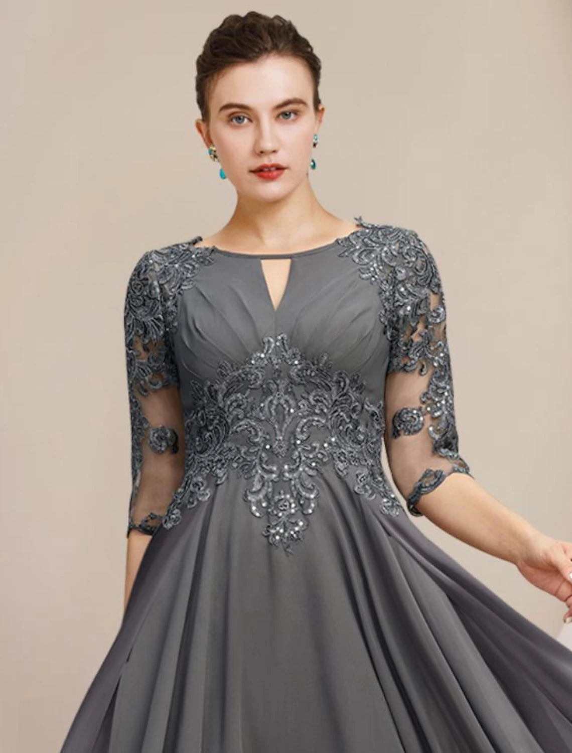 Wholesa  A-Line Mother of the Bride Dress Formal Wedding Guest Elegant High Low Scoop Neck Tea Length Chiffon Lace Half Sleeve with Sequin Appliques
