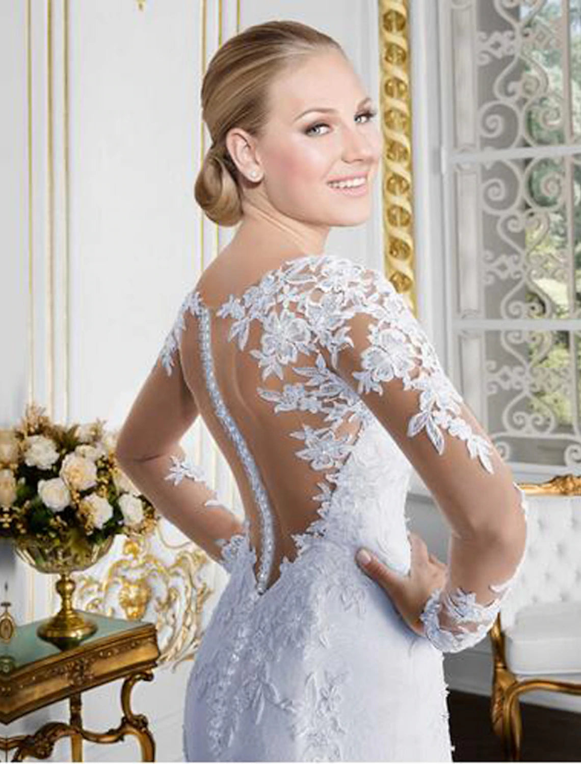 wholesale  Open Back Sexy Formal Fall Wedding Dresses Mermaid / Trumpet Illusion Neck Long Sleeve Chapel Train Lace Bridal Gowns With Lace Appliques