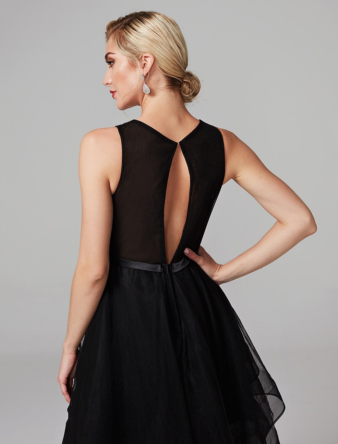 Wholesa Ball Gown Cocktail Black Dress Vintage Dress Halloween Masquerade Knee Length Sleeveless Jewel Neck The Great Gatsby Satin with Rhinestone Cascading Ruffles