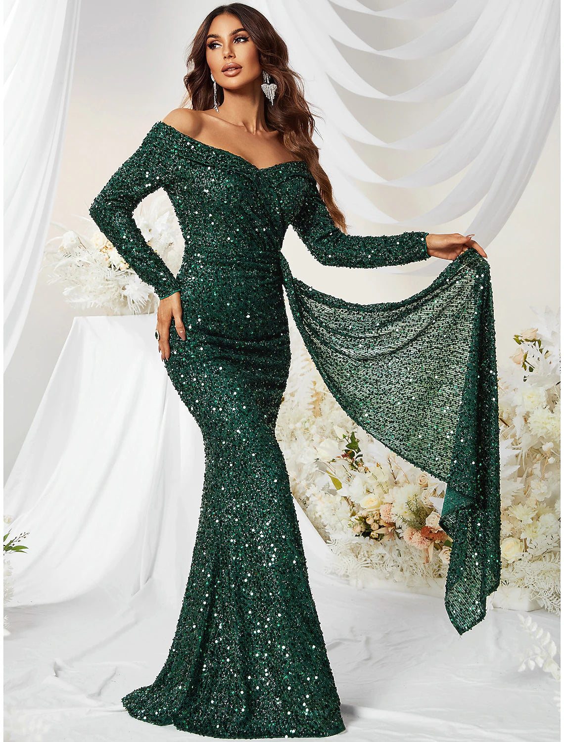Wholesa Mermaid / Trumpet Evening Gown Sparkle & Shine Dress Formal Cocktail Party Sweep / Brush Train Long Sleeve Off Shoulder Polyester with Sequin