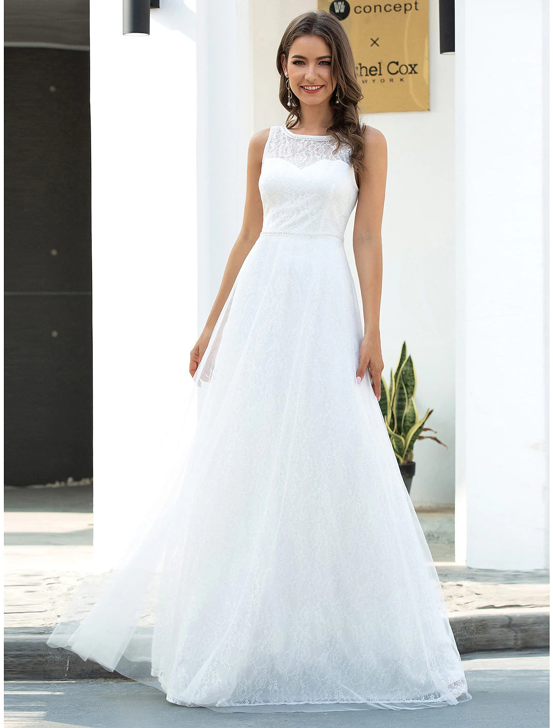 wholesale  Beach Wedding Dresses A-Line Scoop Neck Sleeveless Floor Length Lace Bridal Gowns With Lace