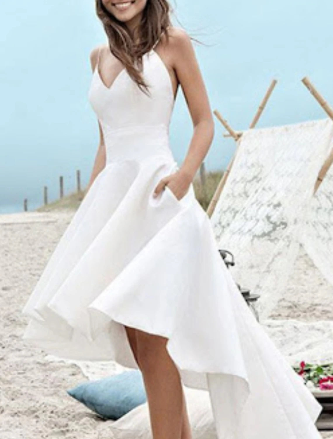 Wholesa Beach Little White Dresses Wedding Dresses A-Line Camisole V Neck Spaghetti Strap Asymmetrical Satin Bridal Gowns With Pleats