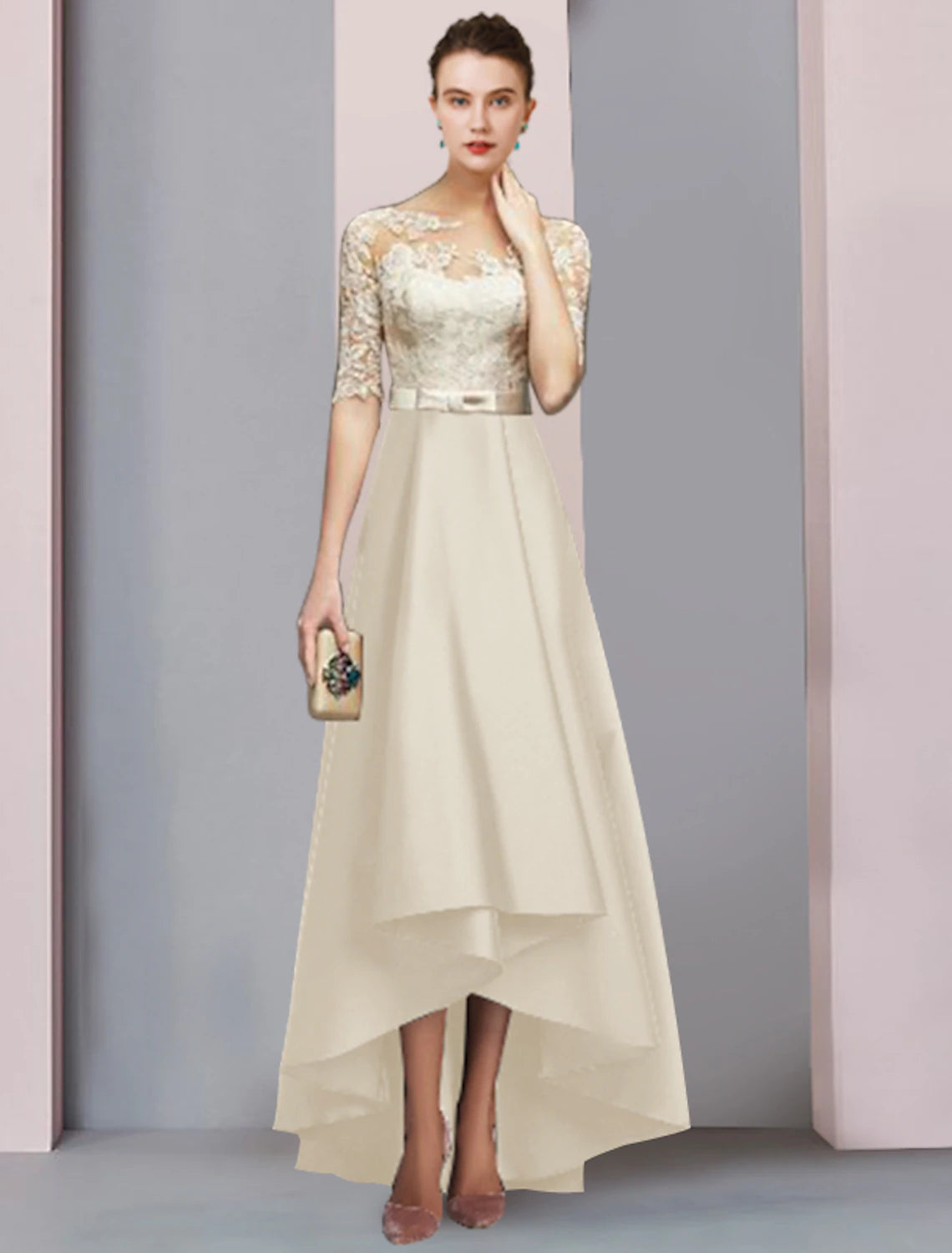 wholesale  A-Line Mother of the Bride Dress Formal Wedding Guest Elegant High Low Scoop Neck Asymmetrical Tea Length Satin Lace Half Sleeve with Bow(s) Appliques