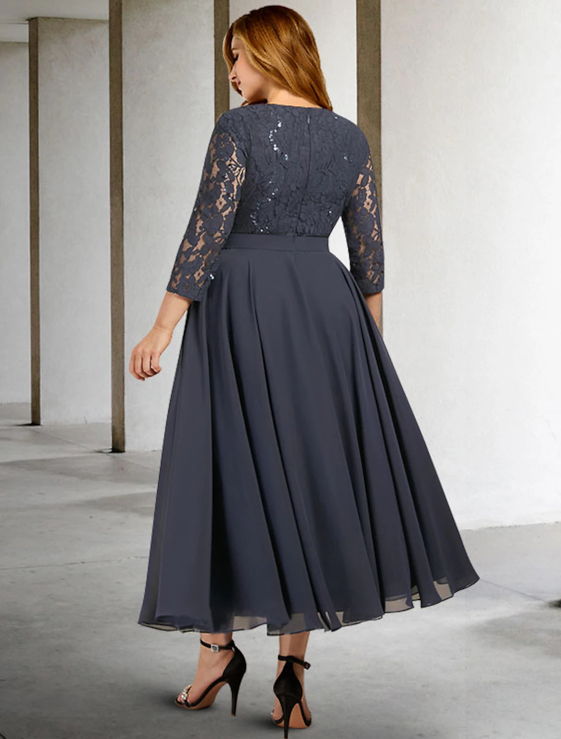 wholesale  A-Line Mother of the Bride Dresses Plus Size Hide Belly Curve Elegant Dress Formal Tea Length 3/4 Length Sleeve Jewel Neck Chiffon with Pleats