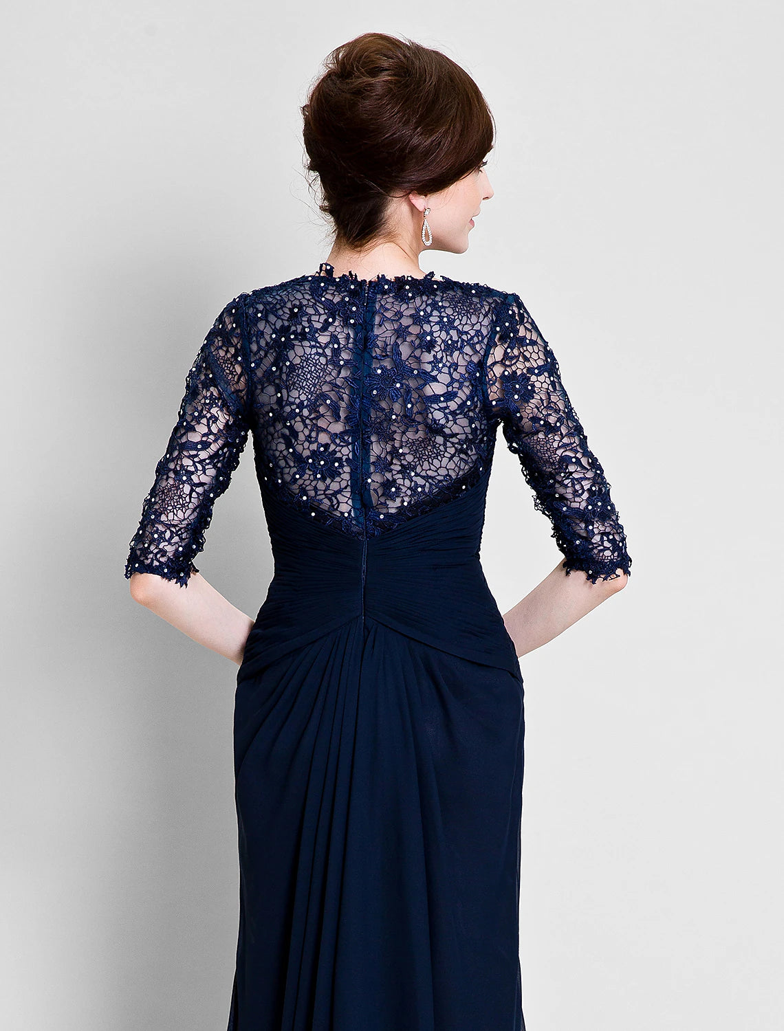 wholesale  A-Line Mother of the Bride Dress See Through V Neck Floor Length Chiffon Lace Half Sleeve No with Lace Beading