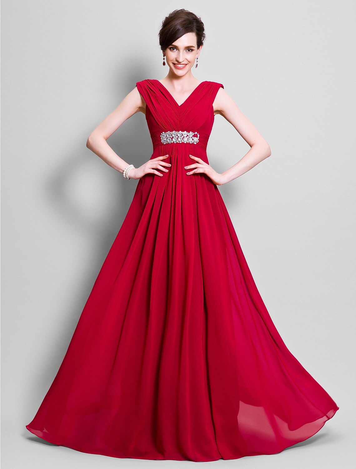 wholesale  A-Line Mother of the Bride Dress Open Back V Neck Floor Length Chiffon Sleeveless with Beading Side Draping