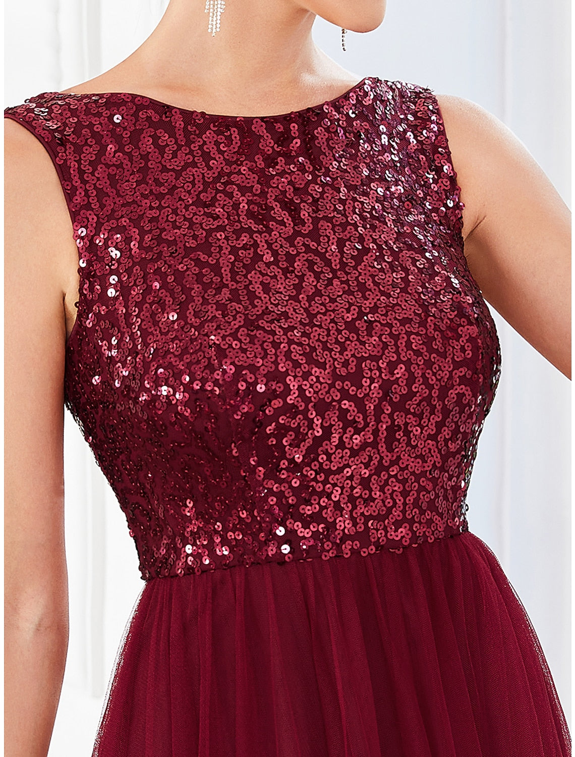 Wholesa A-Line Party Dresses Sparkle & Shine Dress Wedding Guest Birthday Floor Length Sleeveless Jewel Neck Tulle with Sequin