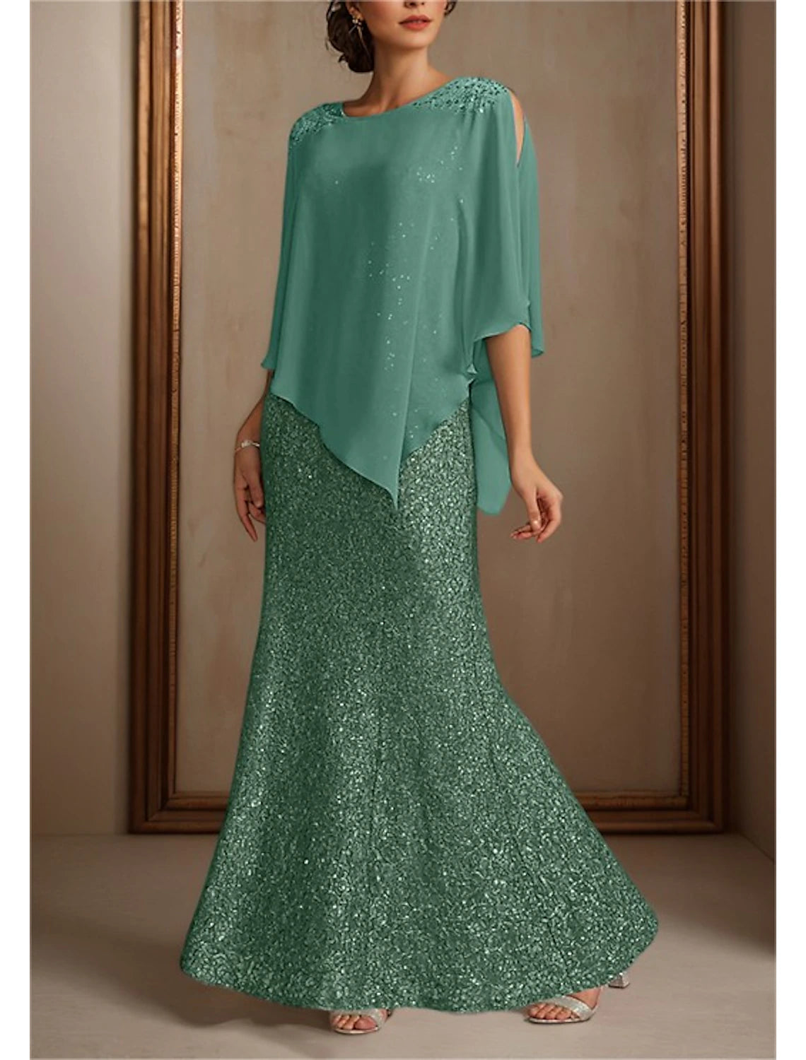 Wholesa Two Piece Mermaid / Trumpet Mother of the Bride Dress Formal Wedding Guest Elegant Jewel Neck Floor Length Chiffon Sequined 3/4 Length Sleeve Wrap Included with Beading Sequin