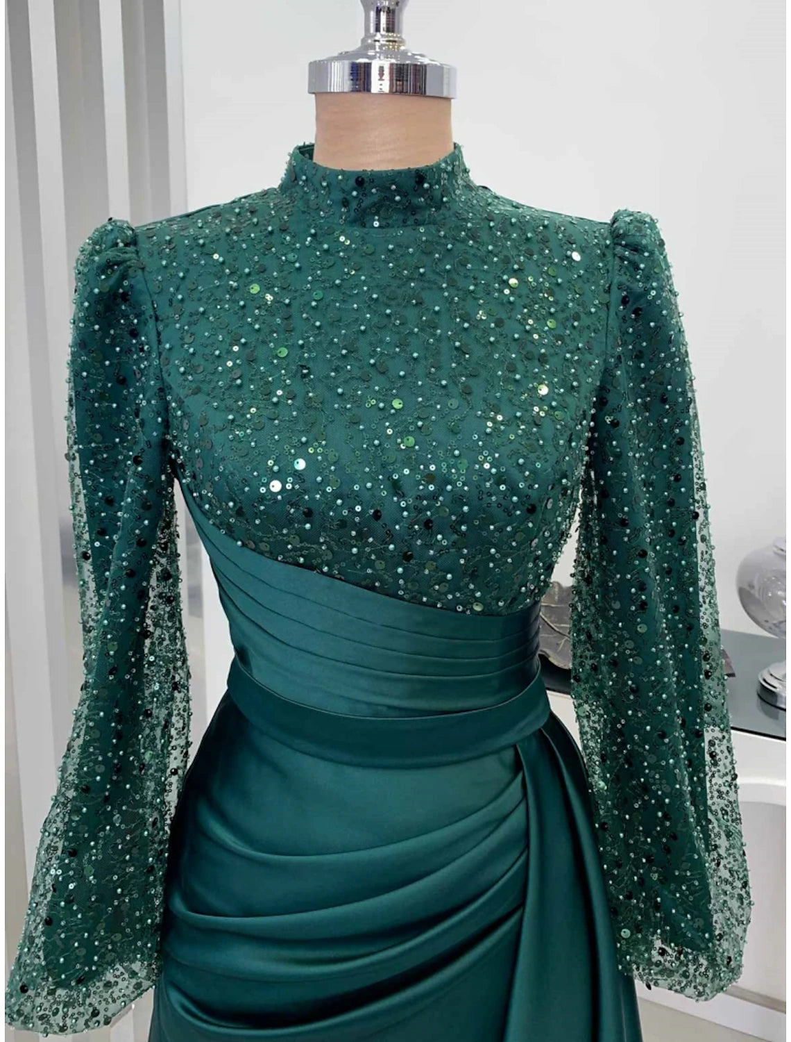 Wholesa  A-Line Evening Gown Champagne Christmas Elegant Dress Formal Sweep / Brush Train Long Sleeve High Neck Satin with Glitter Pleats Ruched