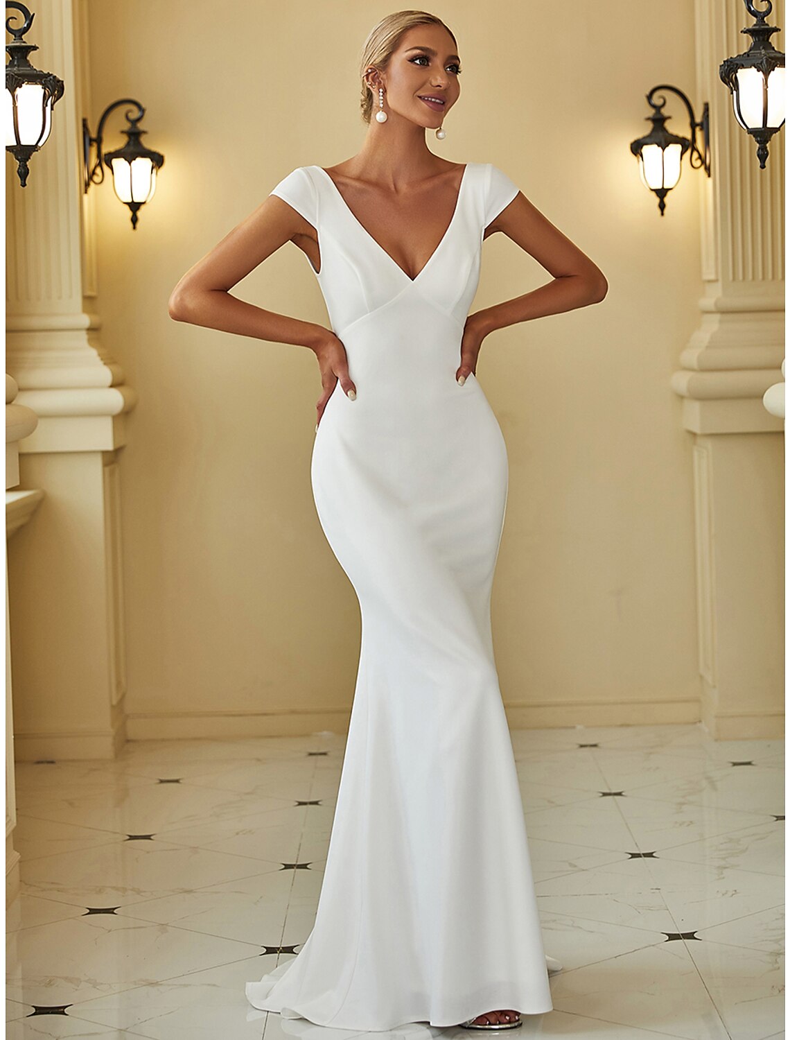 wholesale Reception Casual Wedding Dresses Mermaid / Trumpet V Neck Cap Sleeve Sweep / Brush Train Stretch Fabric Bridal Gowns With Draping Solid Color