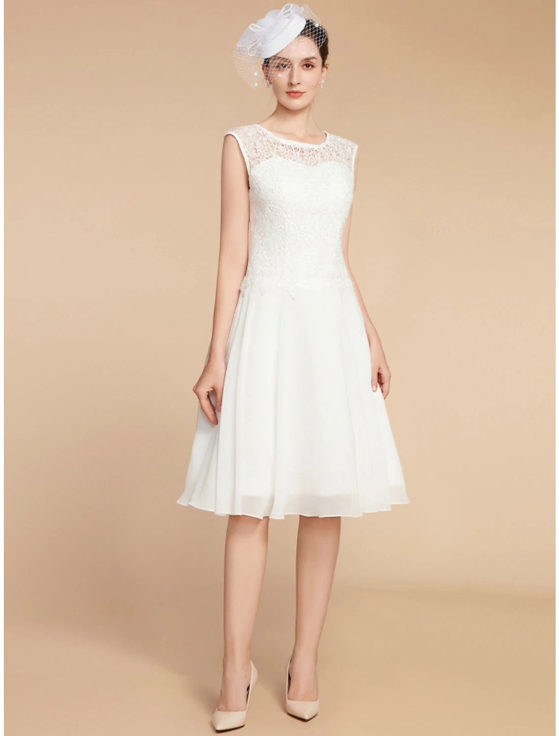 Wholesa Two Piece A-Line Mother of the Bride Dress Wedding Guest Elegant Petite Jewel Neck Knee Length Chiffon Lace 3/4 Length Sleeve with Pleats Solid Color