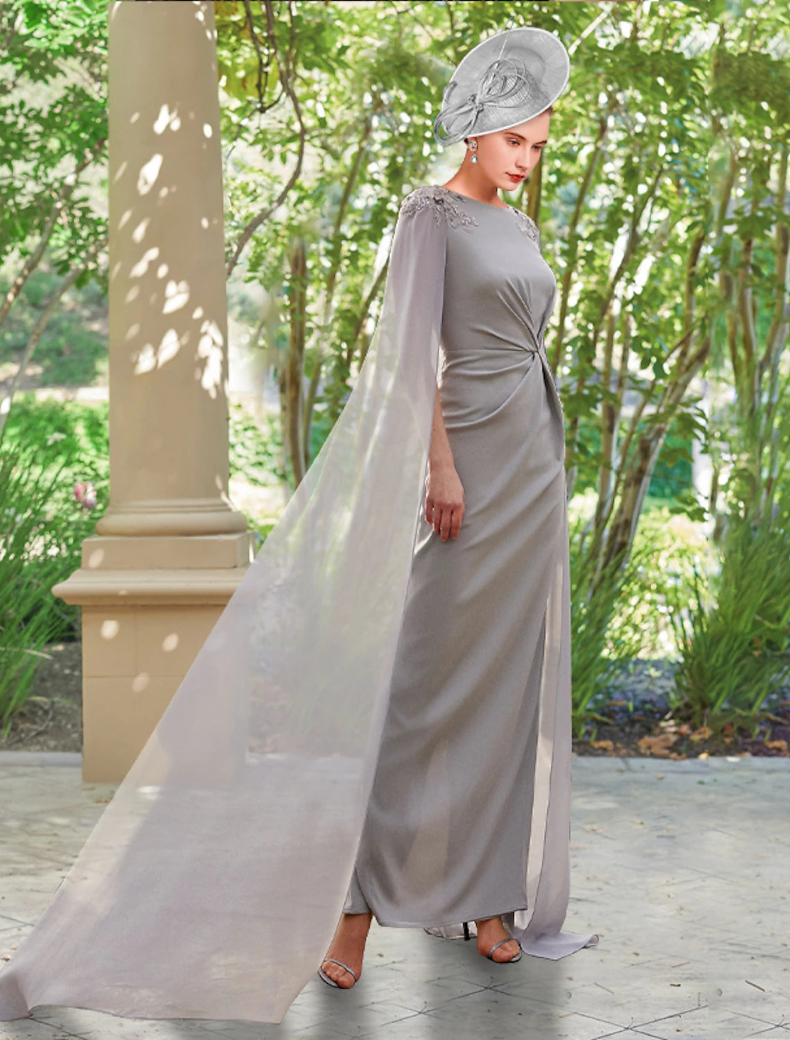 wholesale  Sheath / Column Mother of the Bride Dress Formal Party Elegant Scoop Neck Ankle Length Chiffon Long Sleeve with Appliques Split Front Ruching