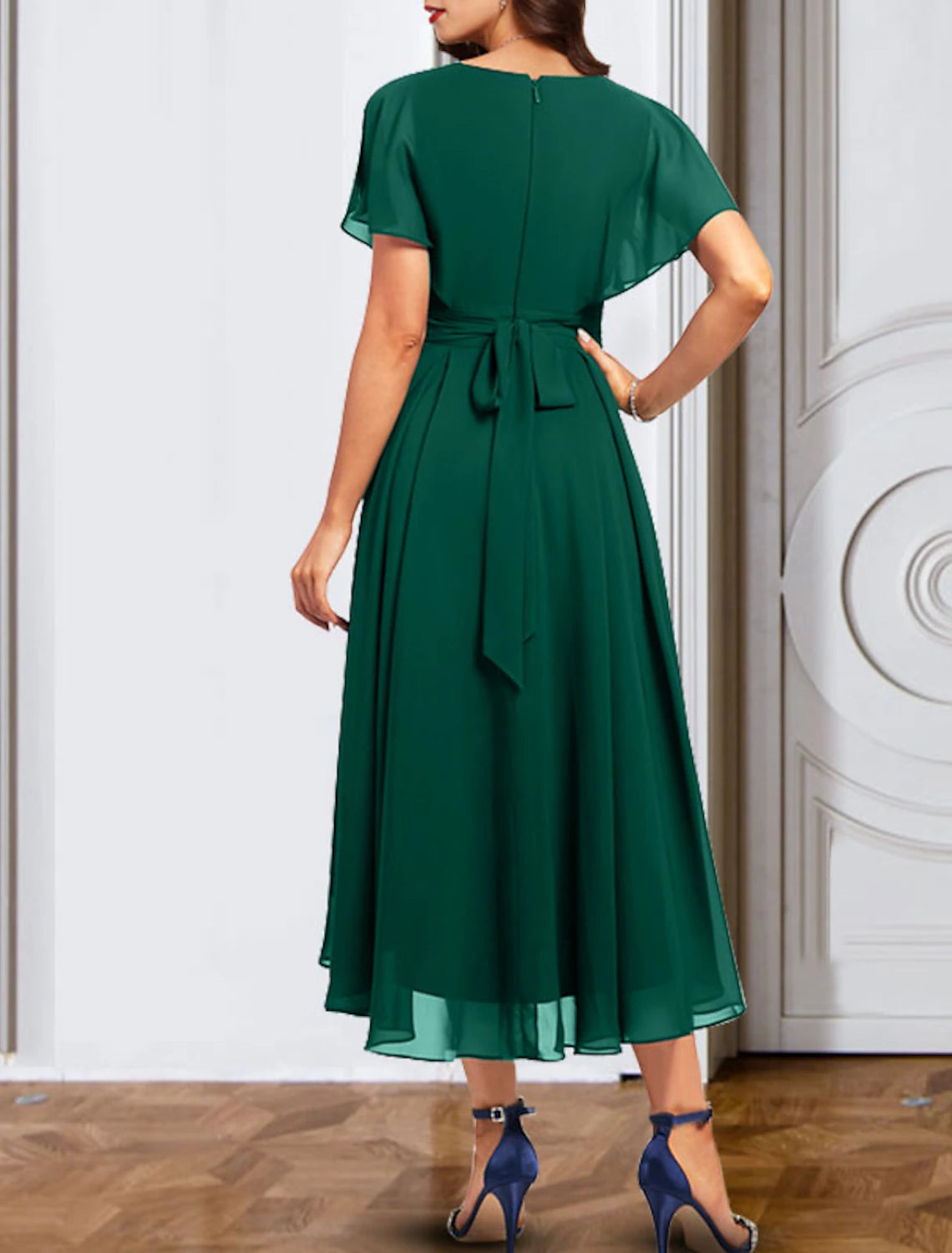 Wholesa A-Line Cocktail Dresses Elegant Dress Wedding Guest Party Wear Ankle Length Short Sleeve V Neck Fall Wedding Guest Chiffon with Pure Color Strappy