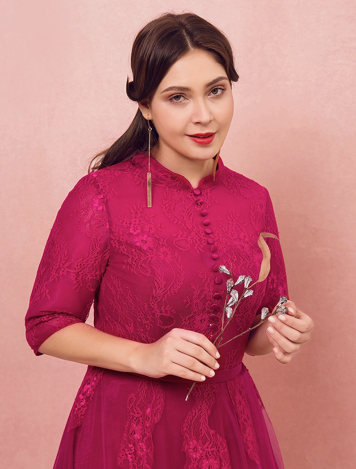 Wholesa A-Line Chinese Style Plus Size Engagement Formal Evening Dress High Neck Half Sleeve Floor Length Lace with Buttons