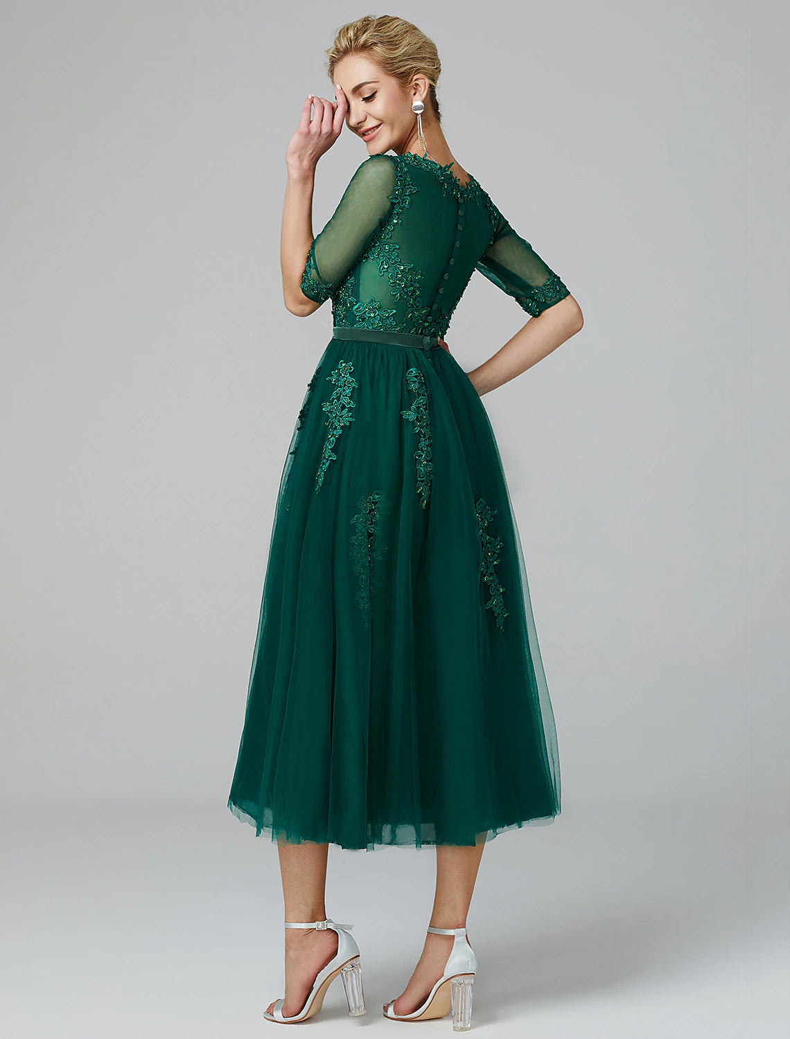 Wholesa  A-Line Cocktail Dress Christmas Red Green Dress Formal Evening Kentucky Derby Tea Length Sleeveless Illusion Neck Fall Wedding Guest Lace Over Tulle with Sequin Applique