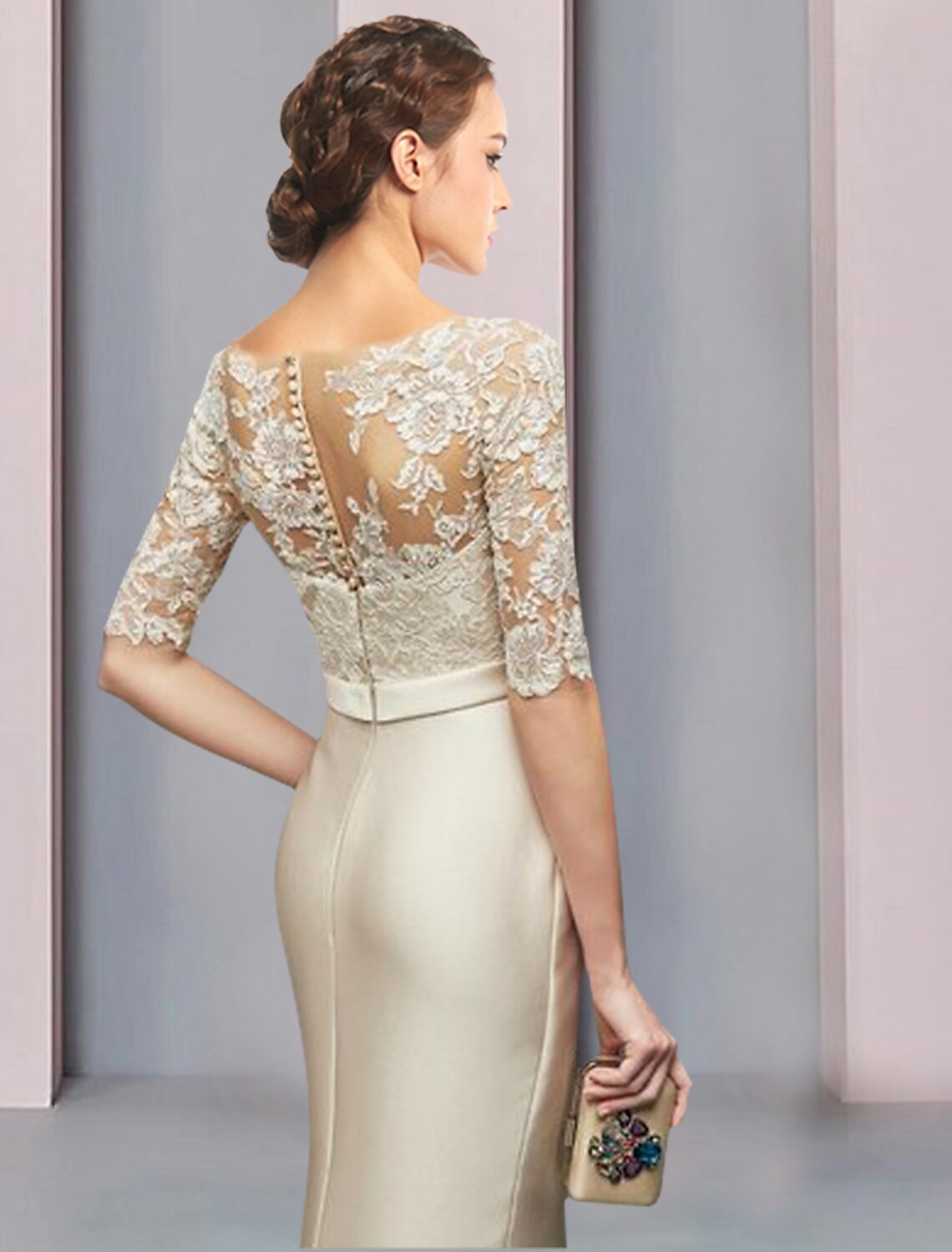 wholesale  Sheath / Column Mother of the Bride Dress Wedding Guest Party Elegant Jewel Neck Floor Length Satin Lace Half Sleeve with Bow(s) Ruching