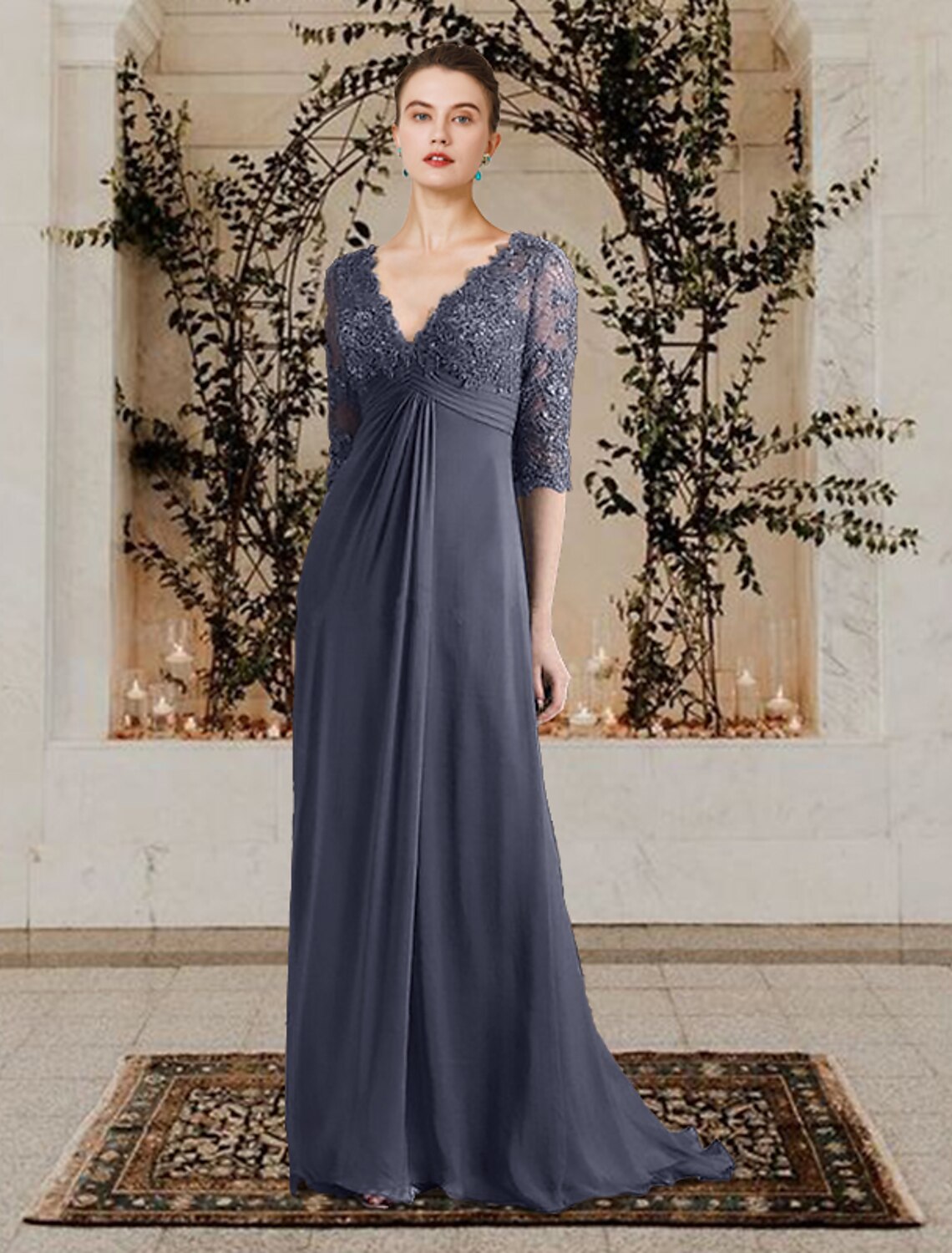 wholesale  A-Line Mother of the Bride Dress Elegant V Neck Sweep / Brush Train Chiffon Lace Half Sleeve with Appliques