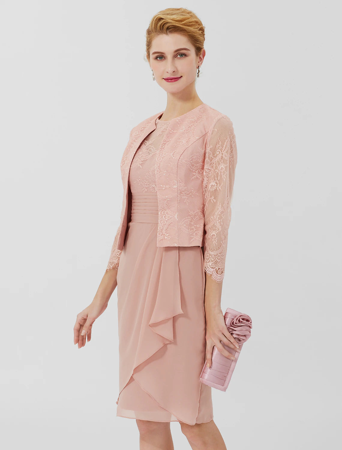 wholesale  Sheath / Column Mother of the Bride Dress Formal Classic & Timeless Elegant & Luxurious Convertible Dress Jewel Neck Knee Length Chiffon Sheer Lace 3/4 Length Sleeve with Sash / Ribbon