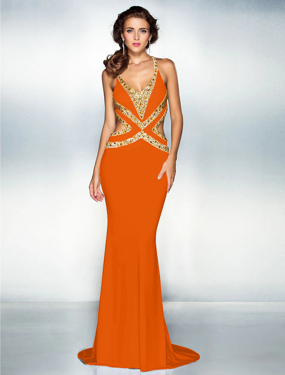 Wholesa Mermaid / Trumpet Sparkle Dress Wedding Guest Engagement Sweep / Brush Train Sleeveless V Neck Jersey Crisscross Back with Crystals