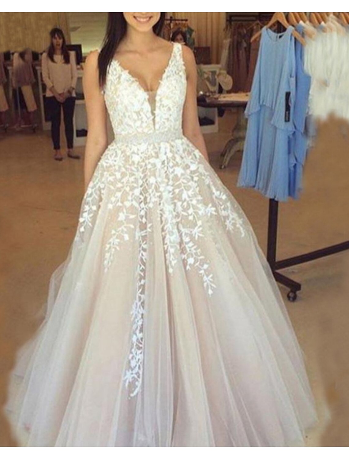 wholesale  Engagement Formal Wedding Dresses A-Line V Neck Sleeveless Sweep / Brush Train Lace Bridal Gowns With Appliques
