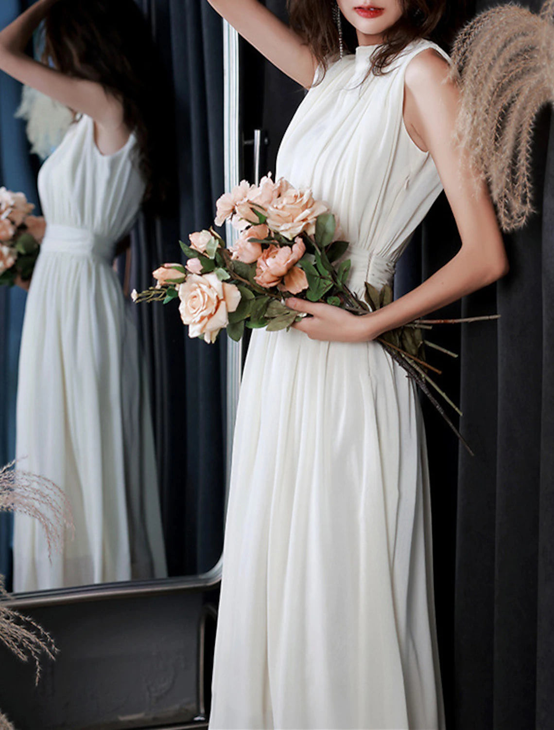 wholesale  Reception Little White Dresses Wedding Dresses A-Line High Neck Sleeveless Tea Length Chiffon Bridal Gowns With Pleats Solid Color