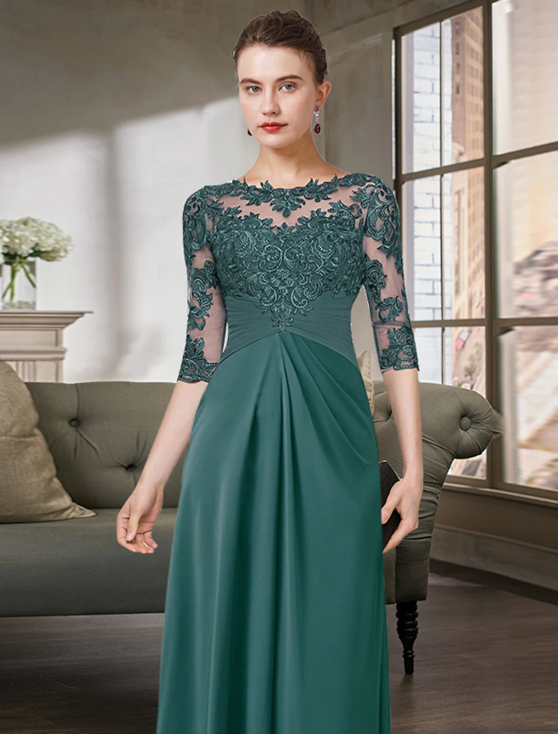 wholesale  Sheath / Column Mother of the Bride Dress Simple Elegant Jewel Neck Floor Length Chiffon Lace Half Sleeve with Pleats Solid Color