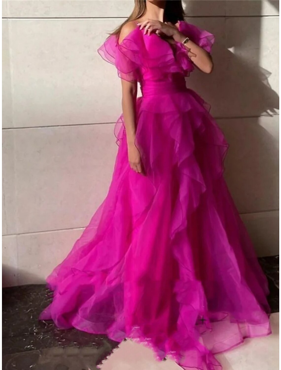 Wholesa A-Line Prom Dresses Elegant Dress Formal Sweep / Brush Train Short Sleeve V Neck Organza with Pleats Ruffles