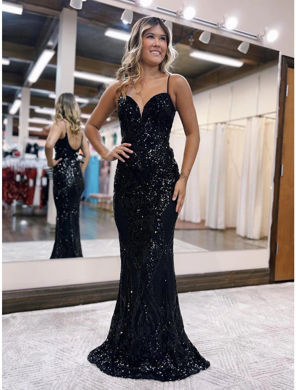 Wholesa Mermaid / Trumpet Prom Dresses Sparkle & Shine Dress Formal Wedding Party Sweep / Brush Train Sleeveless V Neck Sequined Backless with Sequin