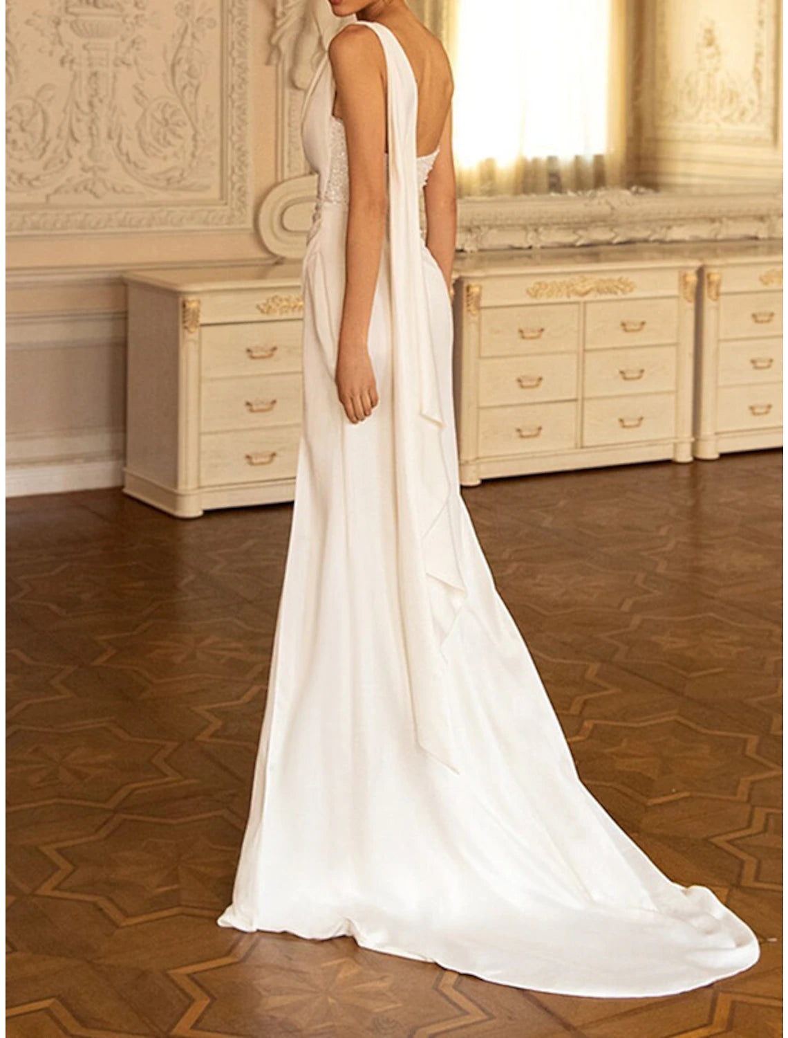Wholesa Engagement Sparkle & Shine Sexy Formal Wedding Dresses Mermaid / Trumpet One Shoulder Strapless Sleeveless Sweep / Brush Train Satin Bridal Gowns With Beading Sequin