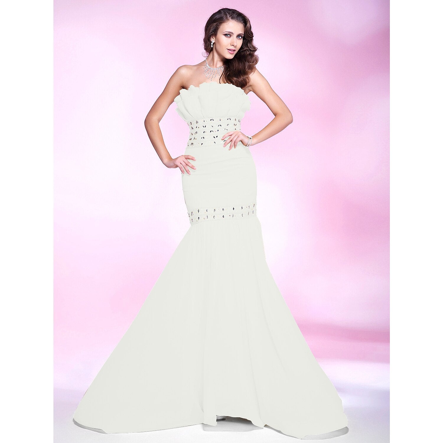 Wholesa Mermaid / Trumpet Elegant Engagement Formal Evening Dress Strapless Sleeveless Sweep / Brush Train Chiffon with Beading Ruffles