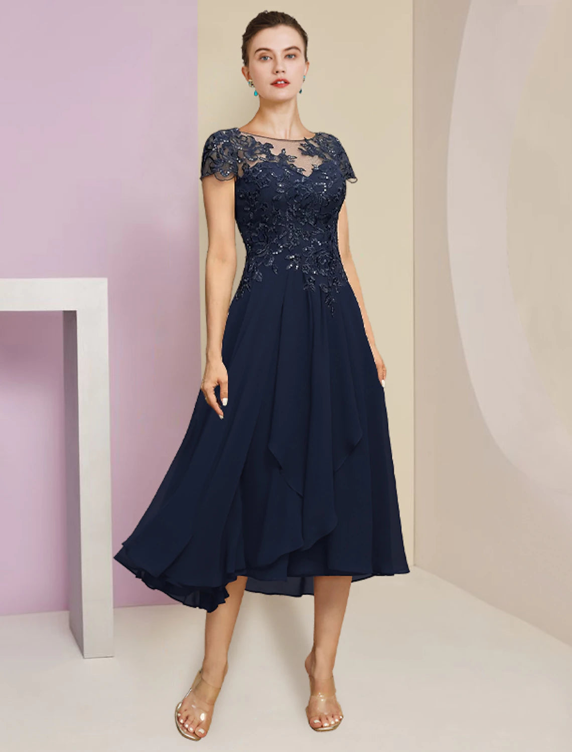 wholesale  Two Piece A-Line Mother of the Bride Dress Formal Wedding Guest Elegant Scoop Neck Tea Length Chiffon Lace Short Sleeve Fall Wrap Included with Pleats Sequin Appliques