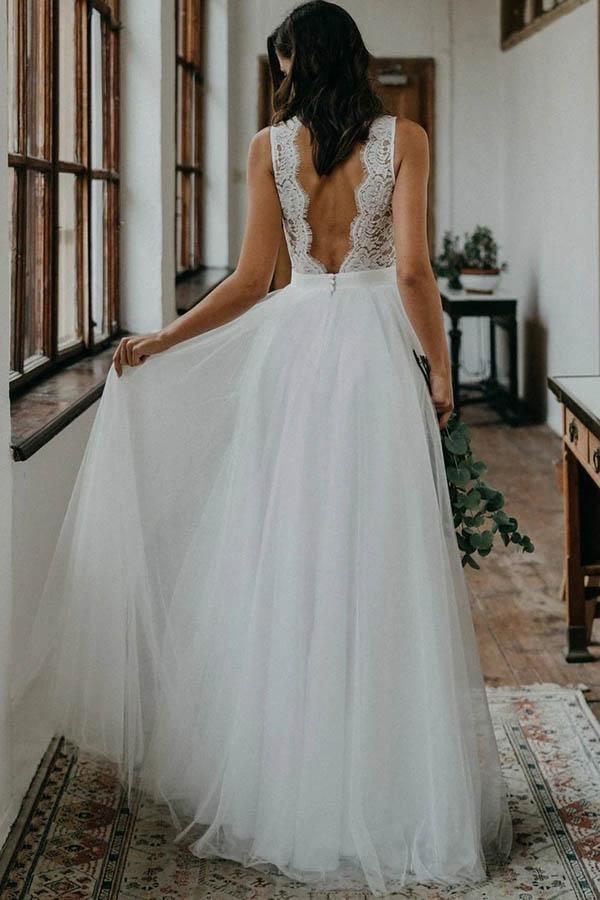 Wholesa Beach Simple V Back Top Lace Tulle Bridal Gown Wedding Dress