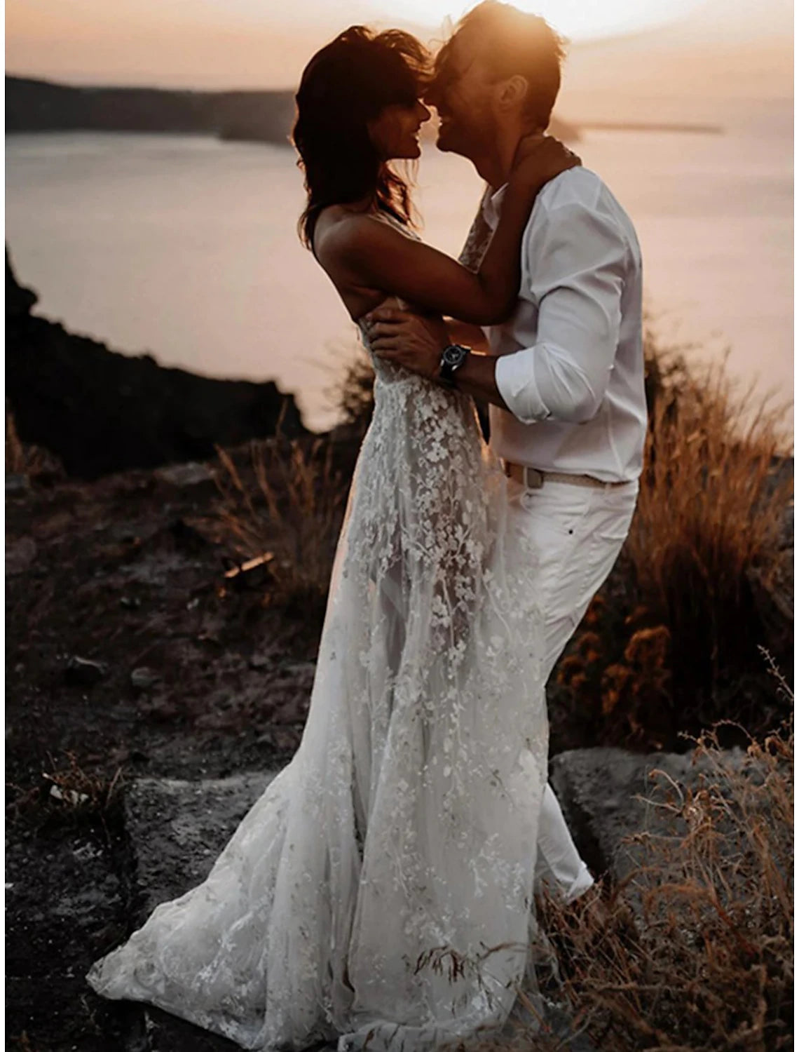 wholesale  Beach Sexy Boho Wedding Dresses A-Line One Shoulder Long Sleeve Sweep / Brush Train Lace Bridal Gowns With Split Front