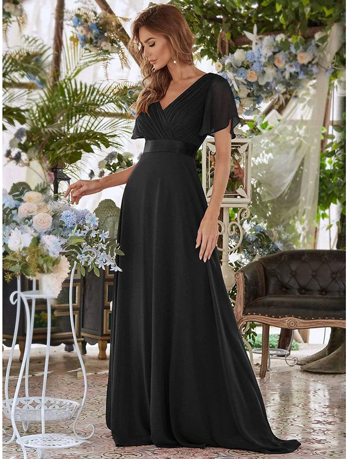 wholesale  A-Line Evening Gown Party Dress Empire Dress Wedding Guest Formal Evening Floor Length Short Sleeve V Neck Bridesmaid Dress Chiffon V Back with Ruffles Pure Color