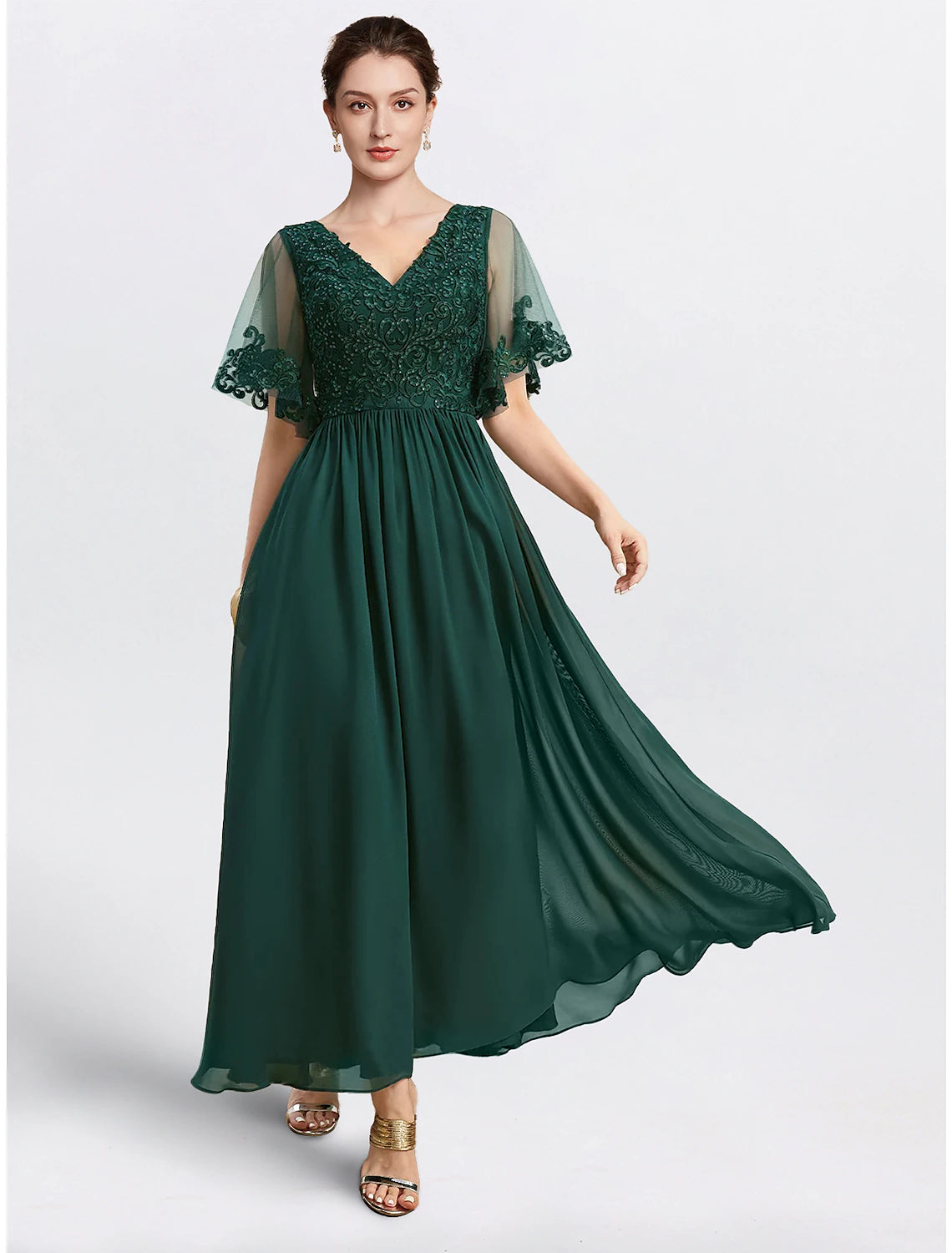 Wholesa A-Line Mother of the Bride Dress Formal Wedding Guest Elegant Cape Dress V Neck Tea Length Chiffon Short Sleeve with Beading Appliques