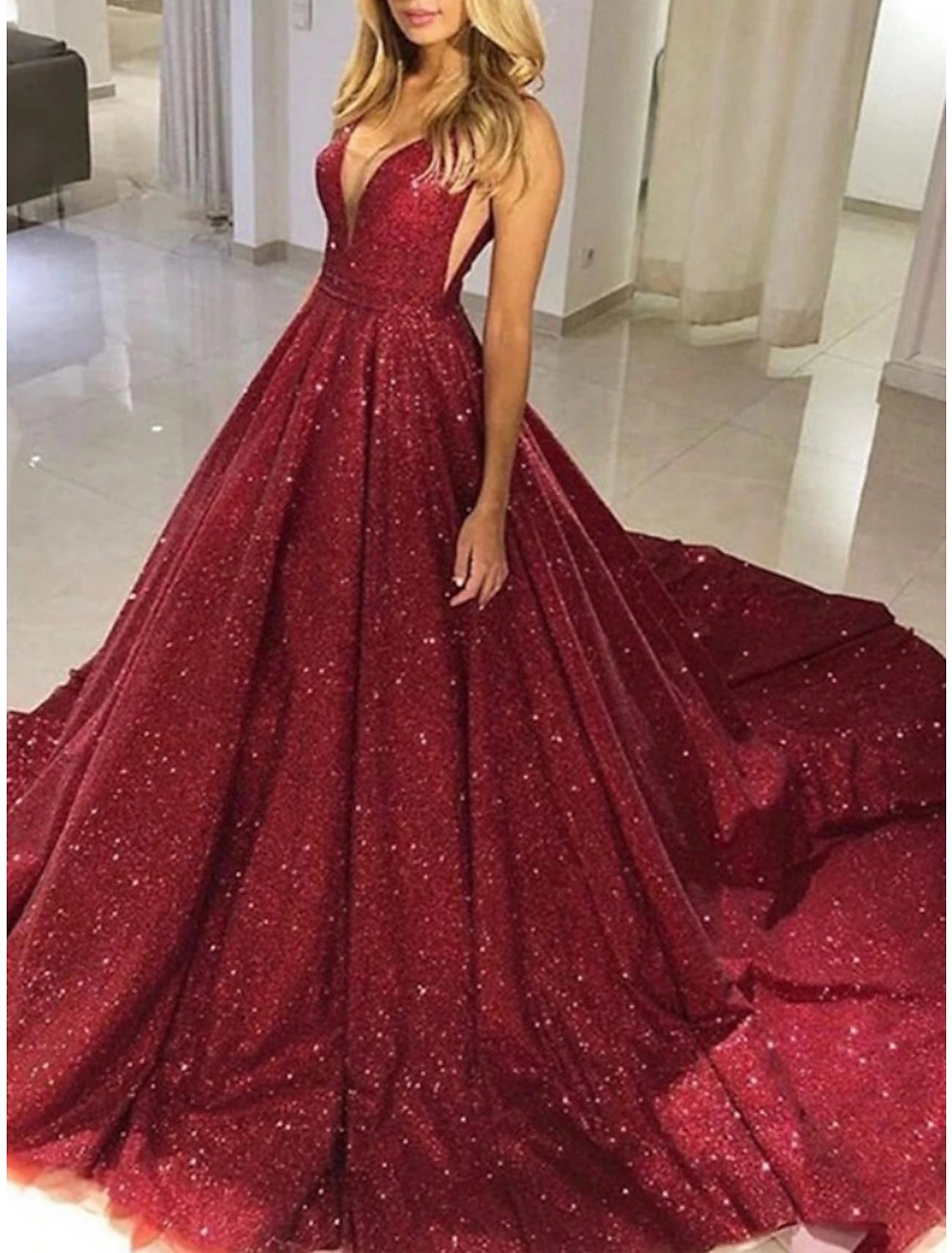 Wholesa  A-Line Prom Dresses Elegant Dress Formal Court Train Sleeveless V Neck Sequined with Glitter Pleats