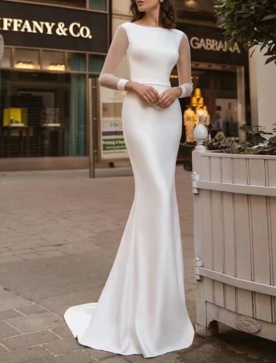 Wholesa Reception Royal Style Simple Wedding Dresses Mermaid / Trumpet Scoop Neck Long Sleeve Sweep / Brush Train Satin Bridal Gowns With Solid Color Summer Wedding Party