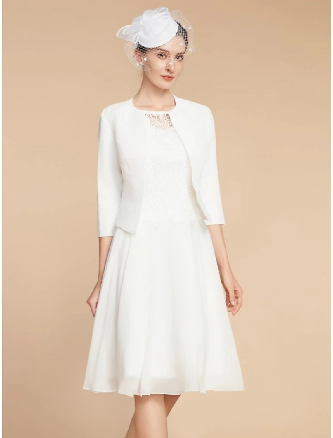 Wholesa Two Piece A-Line Mother of the Bride Dress Wedding Guest Elegant Petite Jewel Neck Knee Length Chiffon Lace 3/4 Length Sleeve with Pleats Solid Color