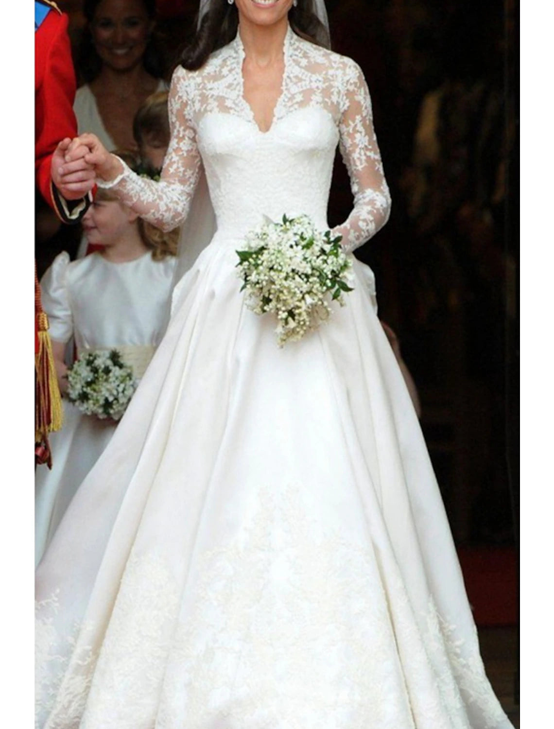 wholesale  Engagement Formal Fall Wedding Dresses A-Line Illusion Neck Long Sleeve Court Train Satin Bridal Gowns With Pleats Appliques