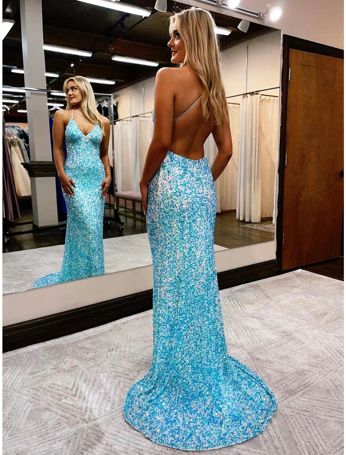 Wholesa Mermaid / Trumpet Prom Dresses Sexy Dress Formal Court Train Sleeveless V Neck Sequined Backless with Sequin