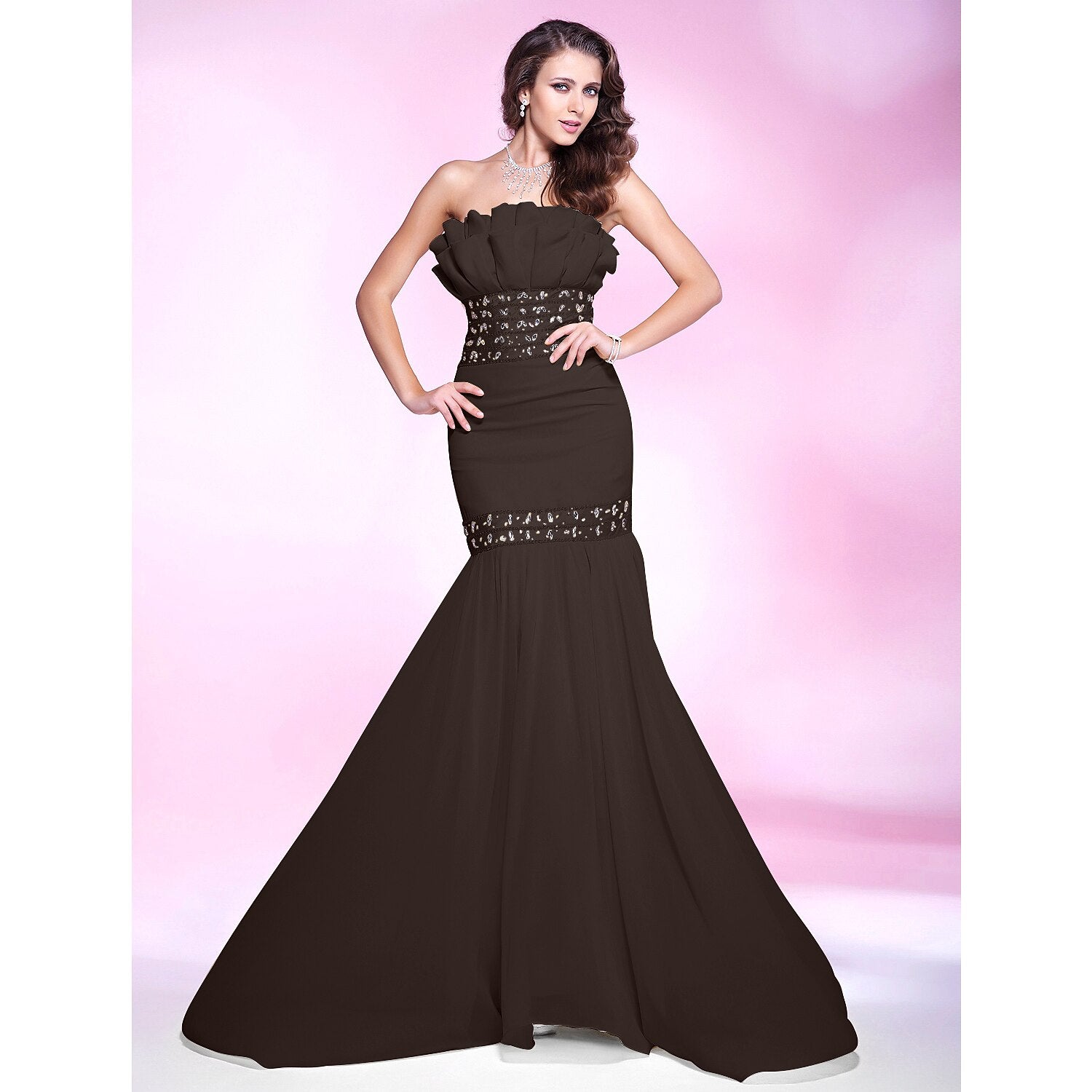 Wholesa Mermaid / Trumpet Elegant Engagement Formal Evening Dress Strapless Sleeveless Sweep / Brush Train Chiffon with Beading Ruffles